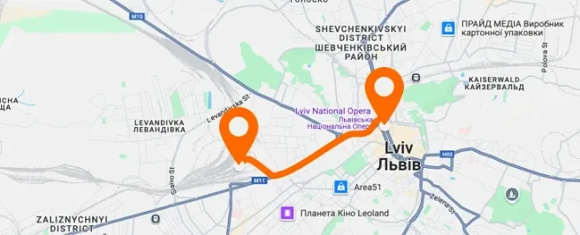 Железнодорожный вокзал — Оперный театр — вертикальное расположение